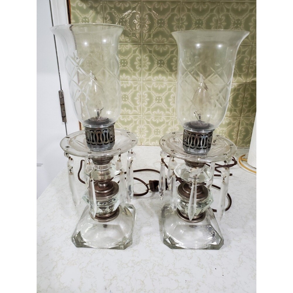 Vintage Hurricane Crystal Boudoir LampS with Prisms & Etched Glass Shades WORKS